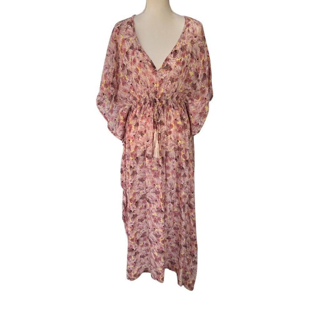 Rujuta Sheth Anthropologie Pink Shell Print Maxi Dress Cinch Drawstring Waist OS